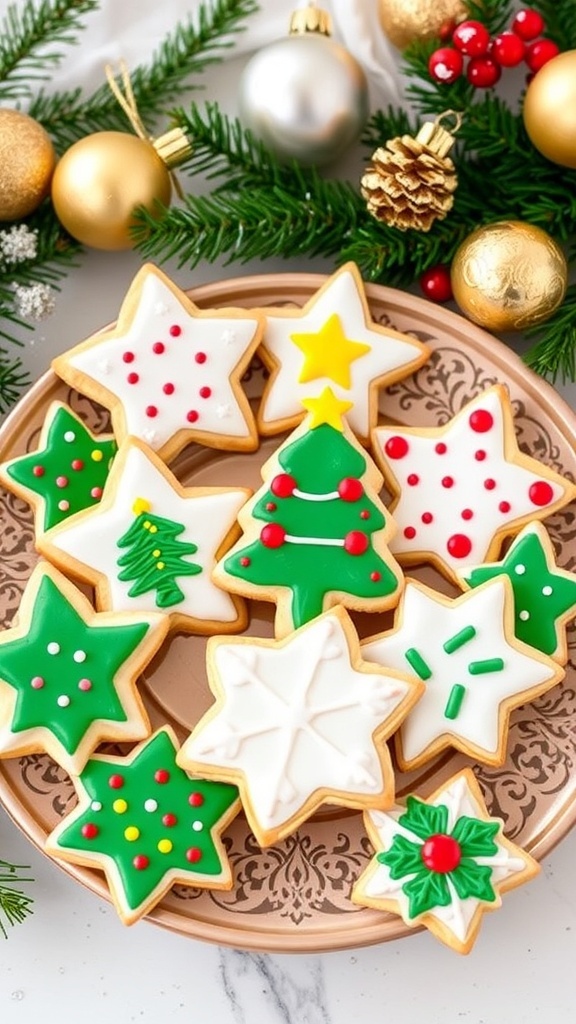 Decorated Christmas sugar cookies in festive shapes with royal icing on a decorative plate.
